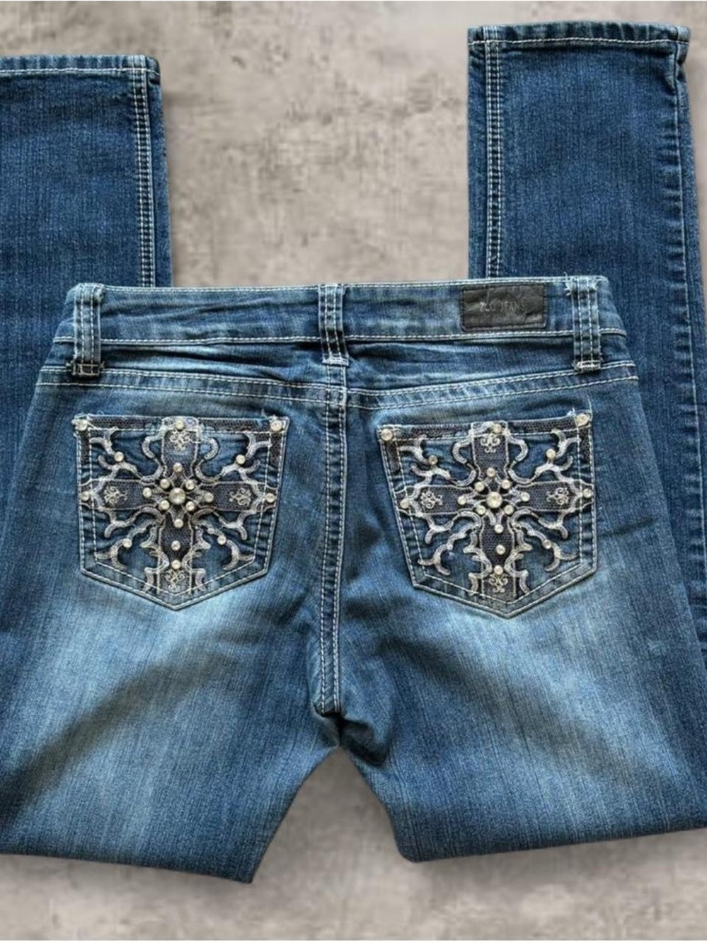 Y2K Women's Blue Embellished Boot Cut Jeans with Decorative Back Pockets